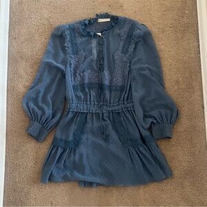 LoveShackFancy Blue Mock Neck Mini A-Line Dress